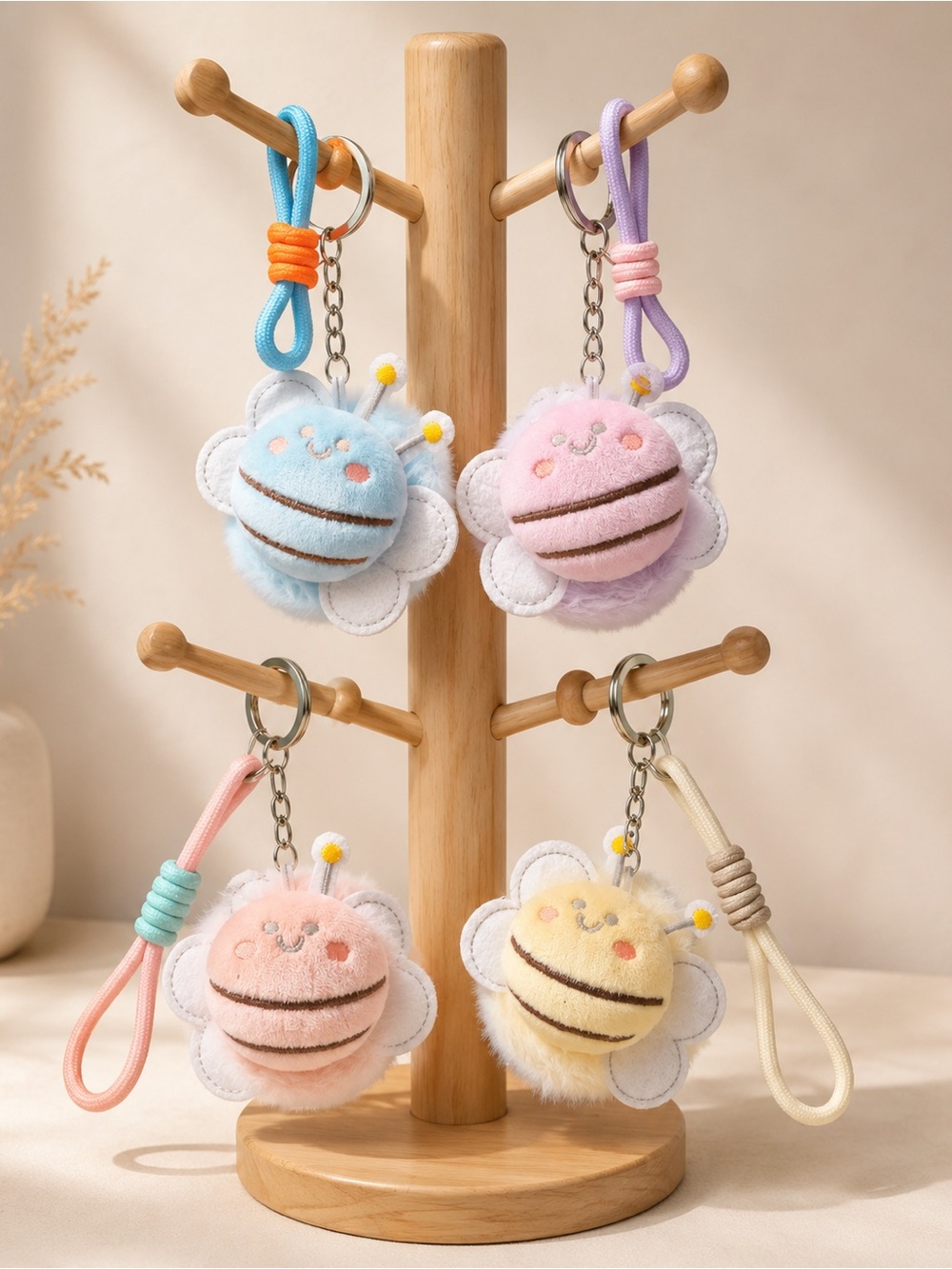 Set of 4 Cute Plush Bee Flower Double Sided Mirror Keychain - Pastel Set- NWOT